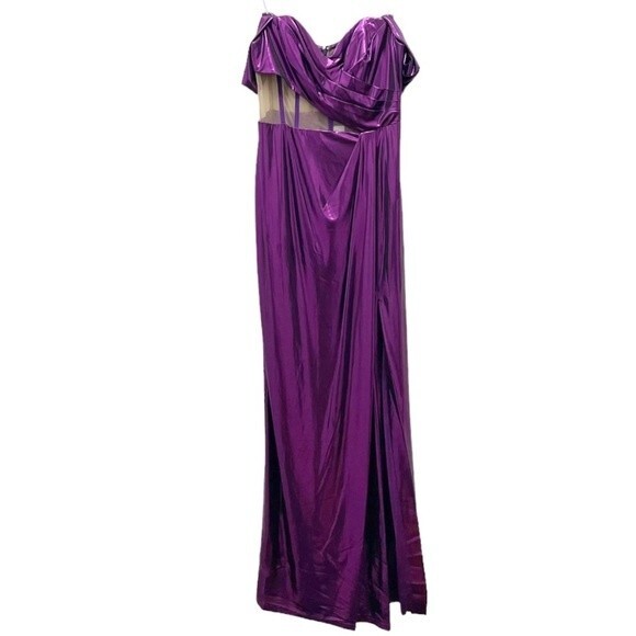 NWT Marchesa Off Shoulder Amethyst Lamé Gown Maxi With Draped Bodice Size 16 NEW - Picture 4 of 16